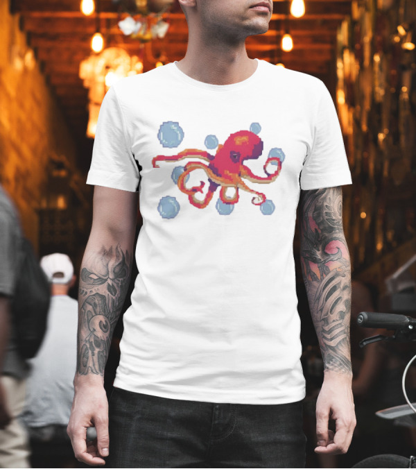 Octopus Swimming Through Blue Bubbles Pixel T-Shirt