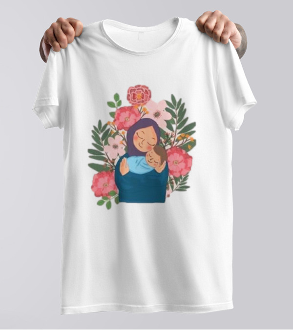 Mom And New Baby Boy Mother's Day Paint Floral Embrace T-Shirt