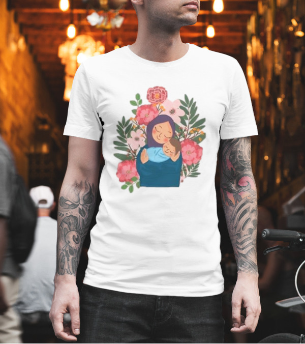 Mom And New Baby Boy Mother's Day Paint Floral Embrace T-Shirt