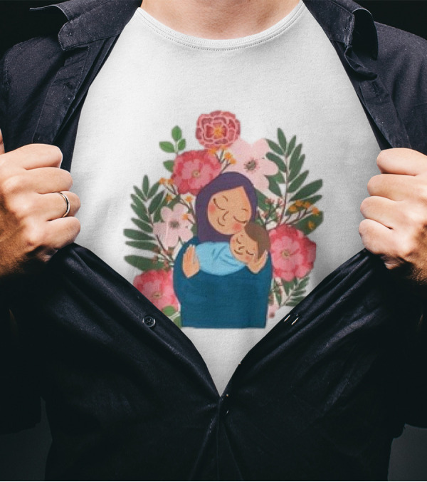 Mom And New Baby Boy Mother's Day Paint Floral Embrace T-Shirt