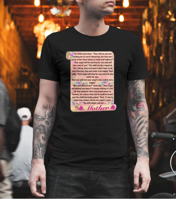 Mother's Day Poem Scroll With Angel And God Dialogue Featuring Mother's Love And Protection T-Shirt