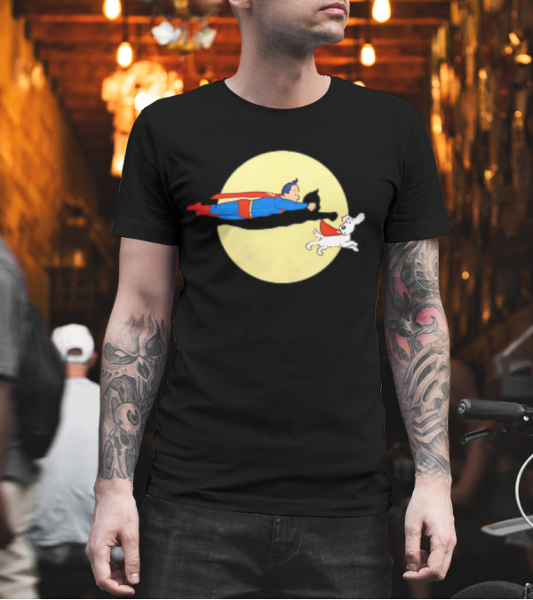 Superman And Krypto X The Adventures Of Tintin Super Tintin Flying Duo Moon Background T-Shirt