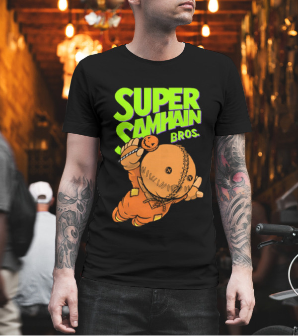 Super Samhain Bros Trick ‘r Treat Sam Icon In Pumpkin Suit With Green And Orange Highlights T-Shirt
