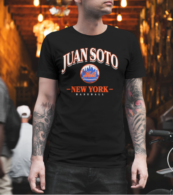 Juan Soto Mets New York Baseball Arched Wordmark Skyline T-Shirt
