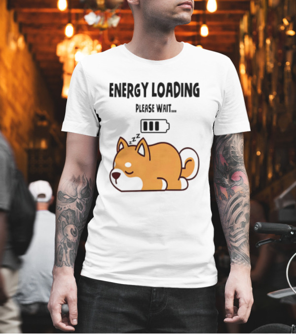 Shiba Inu Energy Loading Please Wait Battery Charging Sleepy Dog T-Shirt