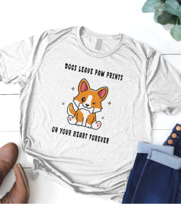 Dogs Leave Paw Prints On Your Heart Forever Shiba Inu Illustration With Bone And Stars T-Shirt