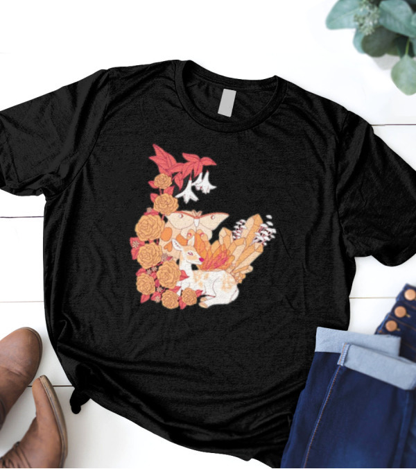 Mystical Forest Fawn Surrounded By Roses And Butterflies T-Shirt