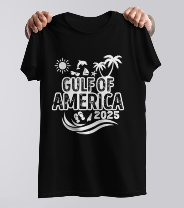 Gulf Of America 2025 Sun Palm Trees Dolphin Sailboat Sandals Waves T-Shirt