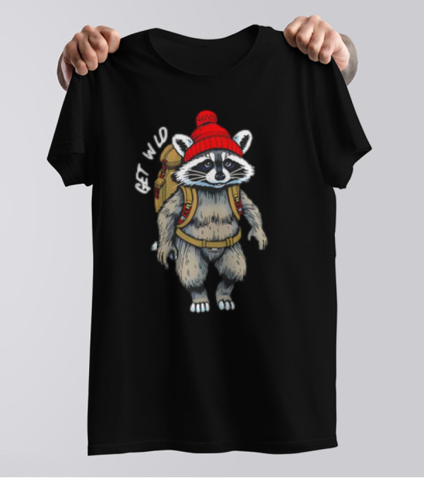 Get Wld Raccoon With Backpack And Red Beanie T-Shirt