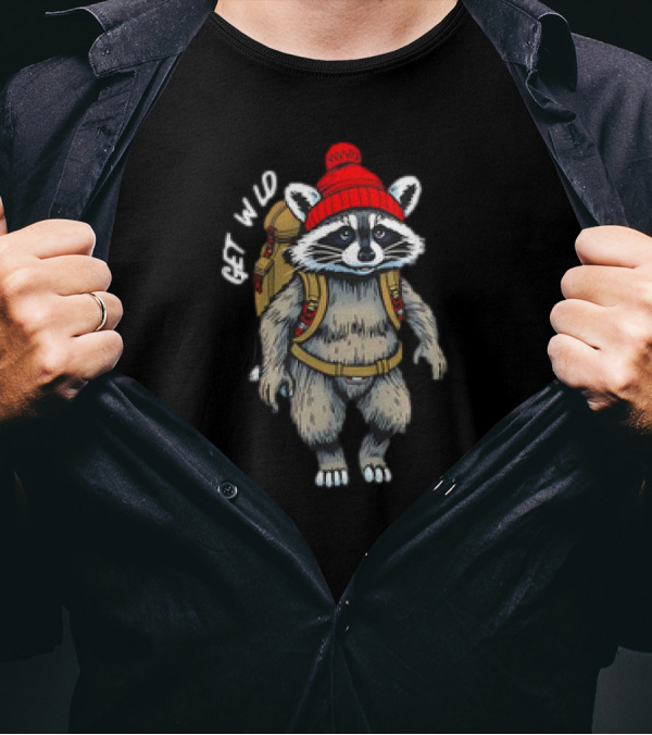 Get Wld Raccoon With Backpack And Red Beanie T-Shirt