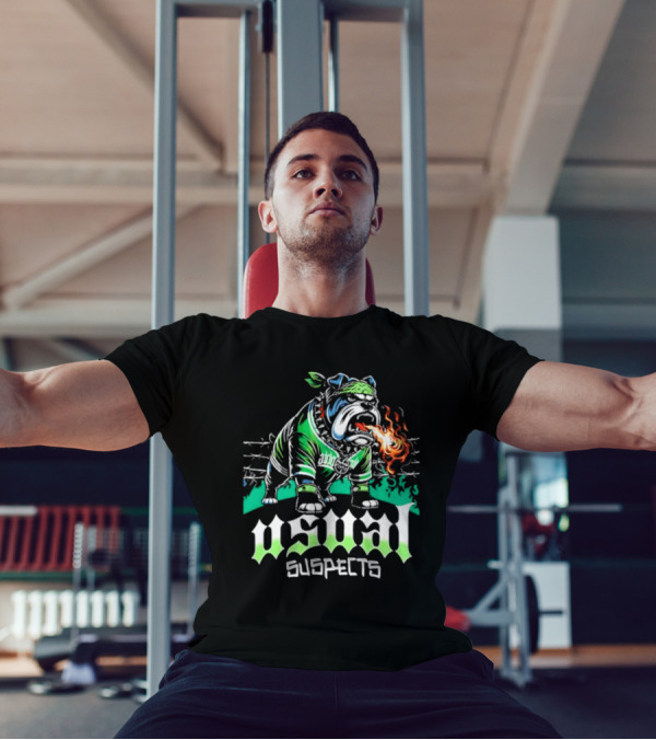 Usual Suspects Bulldog With Fiery Breath And Green Bandana T-Shirt