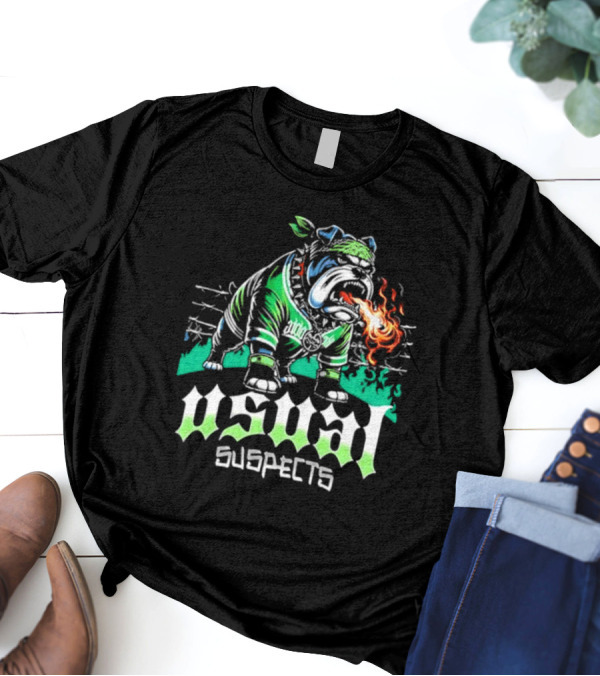 Usual Suspects Bulldog With Fiery Breath And Green Bandana T-Shirt