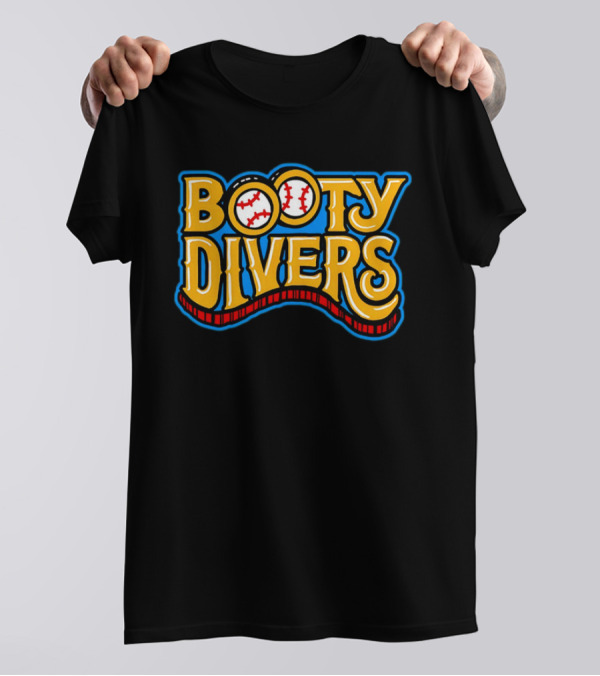 Booty Divers Baseball Theme Yellow Text With Baseballs T-Shirt