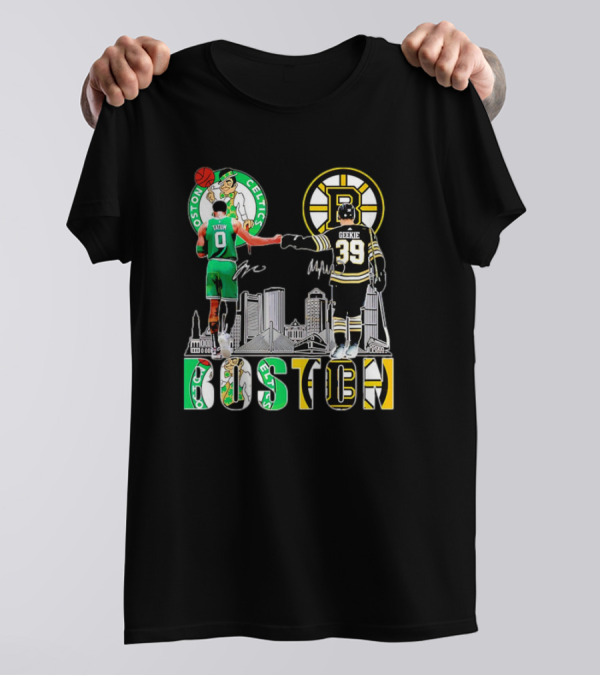 Boston Celtics Jayson Tatum Boston Bruins Morgan Geekie Signatures Skyline T-Shirt