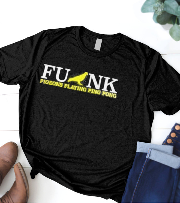 Funk Pigeons Playing Ping Pong Banana Yellow On Black T-Shirt
