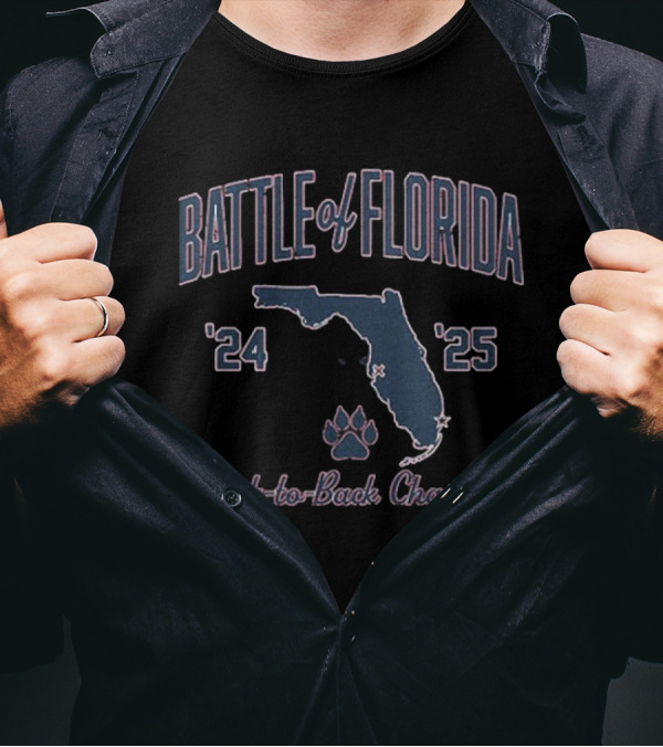 Florida Panthers Battle Of Florida Back-to-Back Champs 2024 2025 Map And Paw Print T-Shirt
