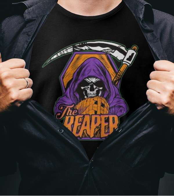 American Gothic Style Skull With Scythe Reaper Hooded Figure T-Shirt