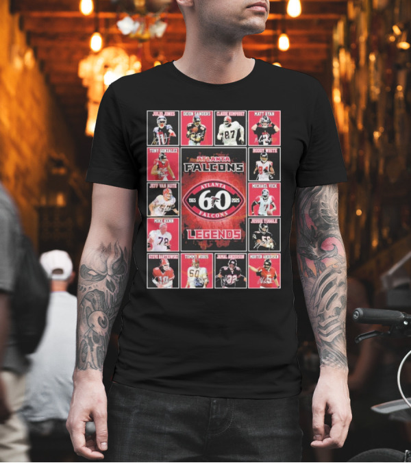 Atlanta Falcons 60 Year 1965-2025 Legends Julio Jones Deion Sanders Matt Ryan Tony Gonzalez Michael Vick T-Shirt