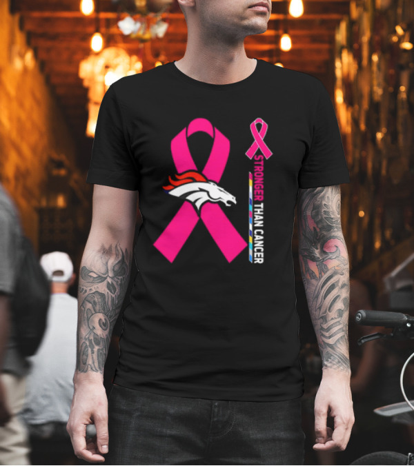 Denver Broncos Pink Ribbon Stronger Than Cancer Awareness T-Shirt