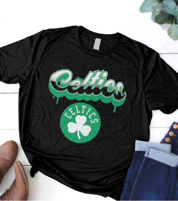 Boston Celtics Bubbly Script Green Clover Emblem T-Shirt