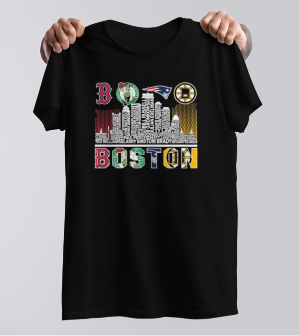 Boston Red Sox Celtics Patriots Bruins Skyline Players Names T-Shirt