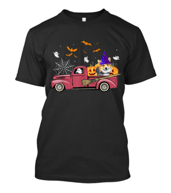 Corgi Dog Halloween In Witch Hat With Pumpkins In Red Truck Surrounded By Bats Ghosts And Spider Web T-Shirt