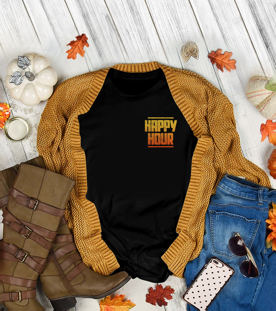 HAPPY HOUR Vintage Distressed Typography Bold Yellow Orange Gradient T-Shirt