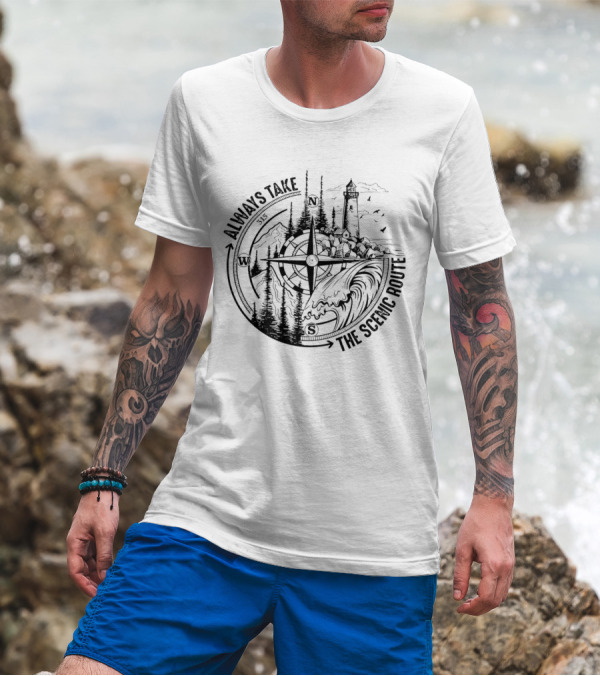 Always Take The Scenic Route Compass Lighthouse Ocean Waves Forest Adventure T-Shirt