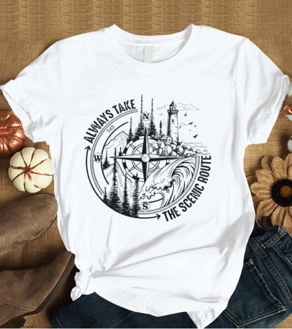 Always Take The Scenic Route Compass Lighthouse Ocean Waves Forest Adventure T-Shirt