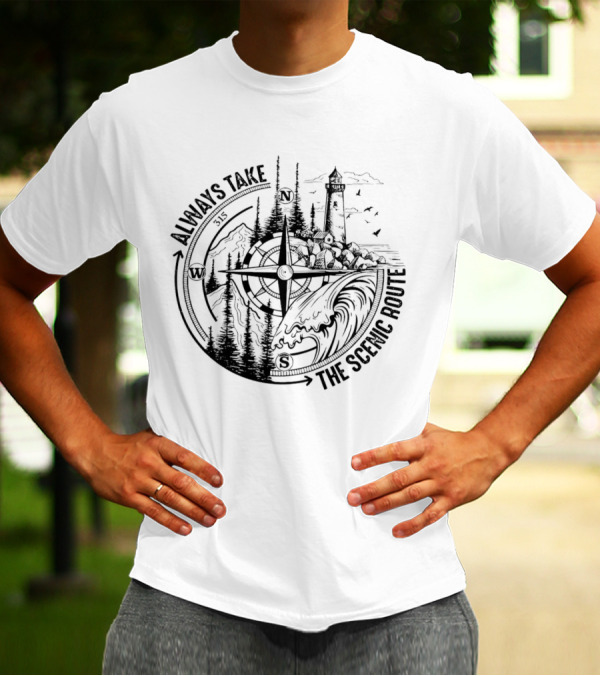 Always Take The Scenic Route Compass Lighthouse Ocean Waves Forest Adventure T-Shirt