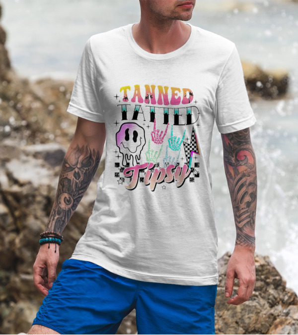 Tanned Tatted Tipsy Colorful Skeleton Hands Melting Smiley T-Shirt