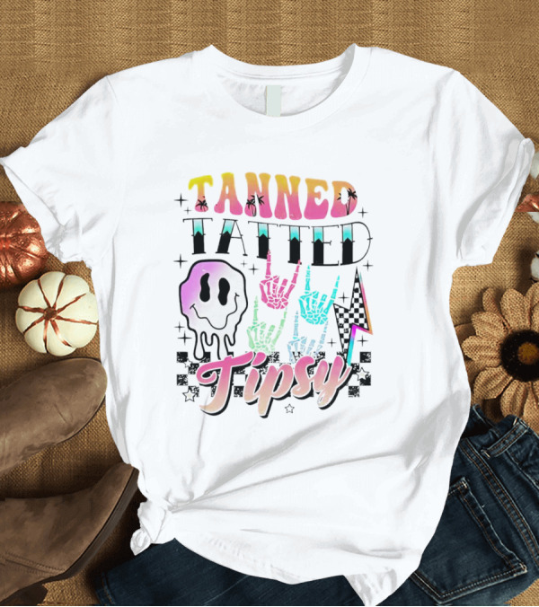 Tanned Tatted Tipsy Colorful Skeleton Hands Melting Smiley T-Shirt