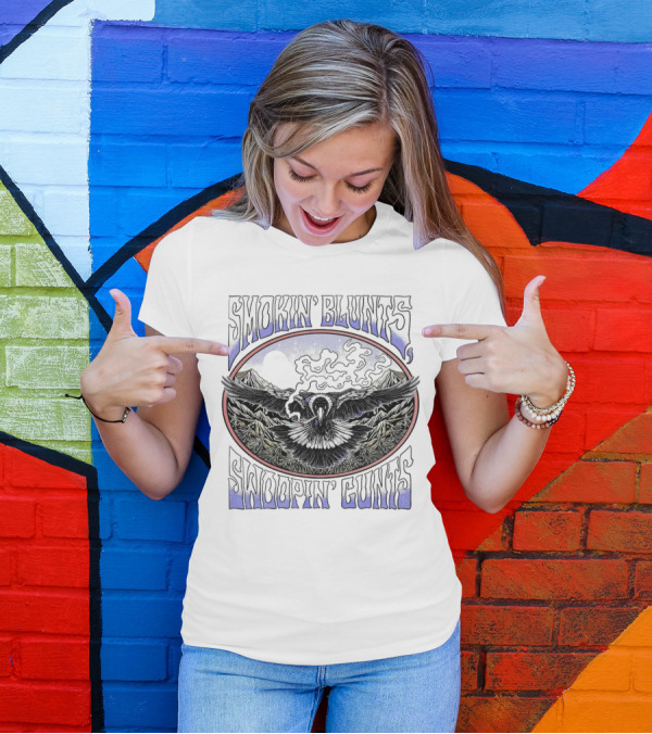 Smokin’ Blunts Swoopin’ Gunts Raven With Smoky Mountains And Clouds T-Shirt