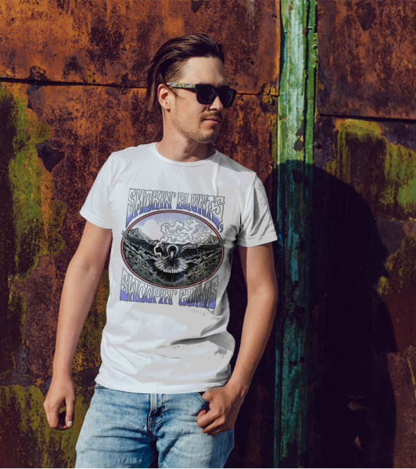 Smokin’ Blunts Swoopin’ Gunts Raven With Smoky Mountains And Clouds T-Shirt