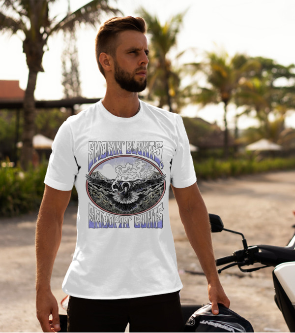 Smokin’ Blunts Swoopin’ Gunts Raven With Smoky Mountains And Clouds T-Shirt