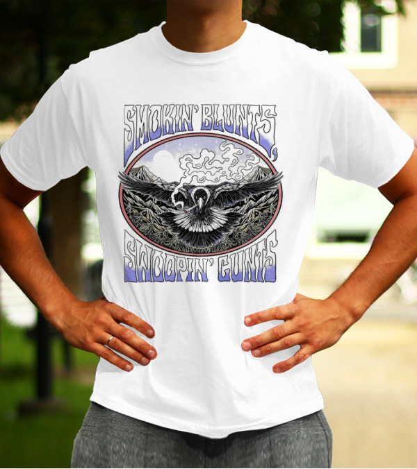 Smokin’ Blunts Swoopin’ Gunts Raven With Smoky Mountains And Clouds T-Shirt