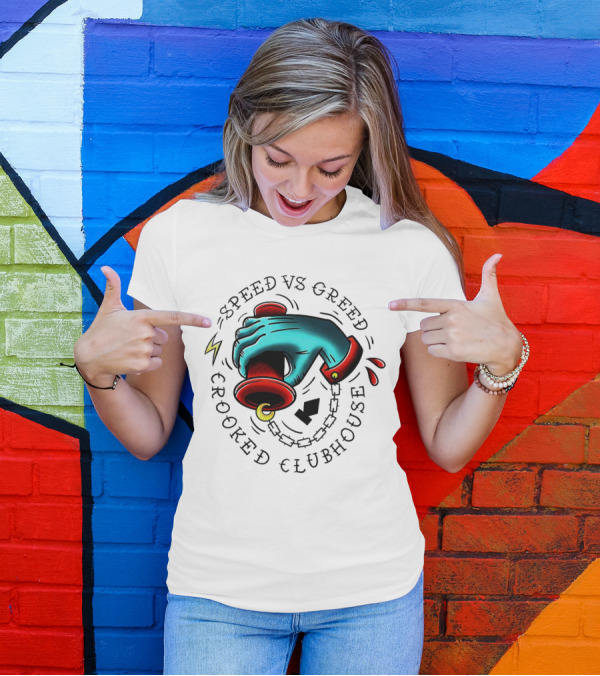 Speed Vs Greed Crooked Clubhouse Hand On Throttle With Lightning Bolts And Chain T-Shirt