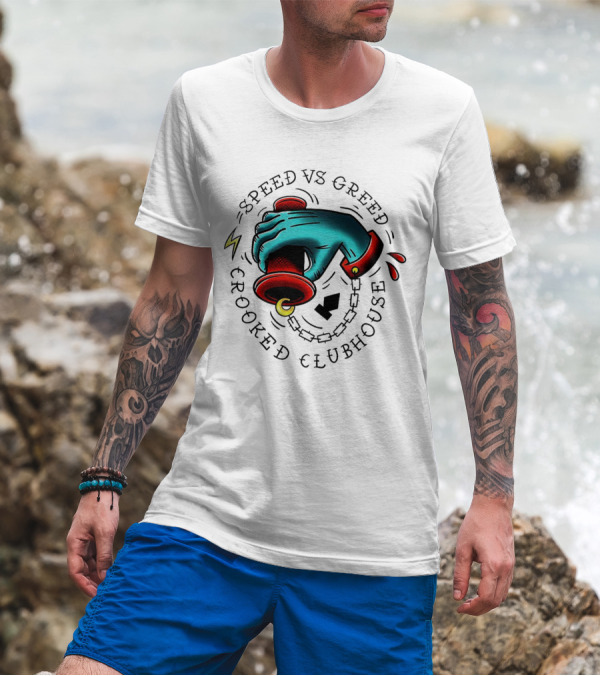 Speed Vs Greed Crooked Clubhouse Hand On Throttle With Lightning Bolts And Chain T-Shirt