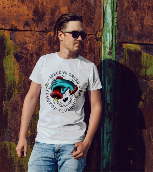 Speed Vs Greed Crooked Clubhouse Hand On Throttle With Lightning Bolts And Chain T-Shirt