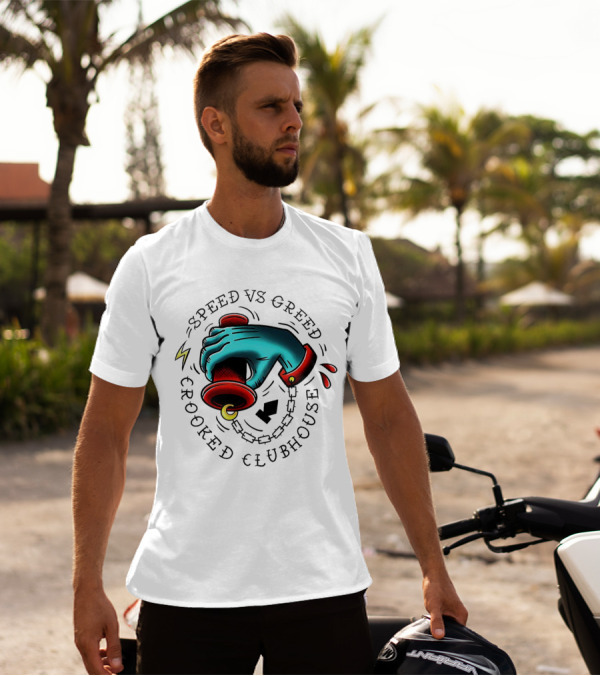 Speed Vs Greed Crooked Clubhouse Hand On Throttle With Lightning Bolts And Chain T-Shirt