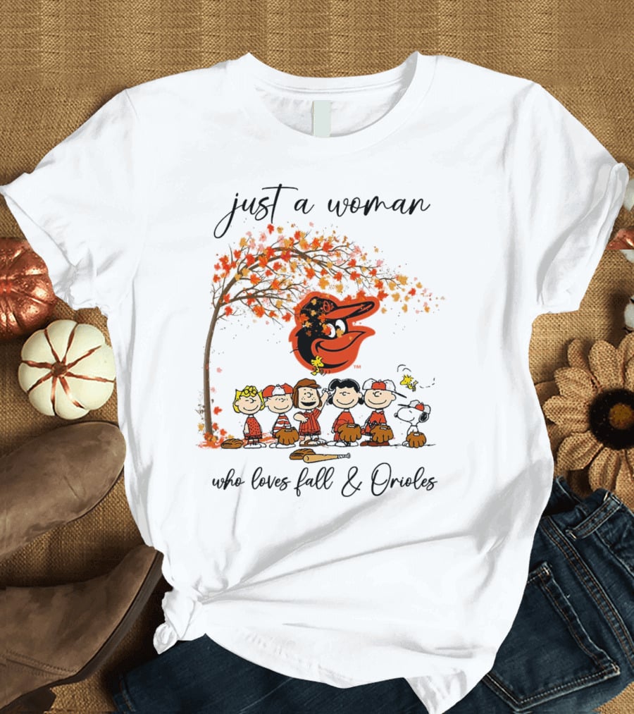 Just A Woman Who Loves Fall And Orioles Peanuts Football Thanksgiving T-Shirt