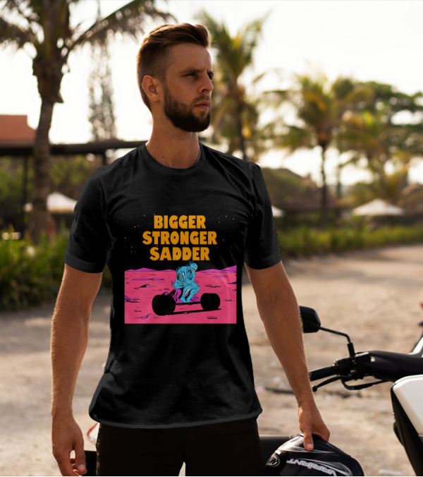 Bigger Stronger Sadder Skeleton Lifting Weights On Alien Planet T-Shirt