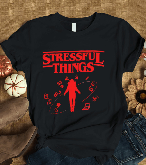 Stressful Things Floating Person With Scribbles And Electronics T-Shirt
