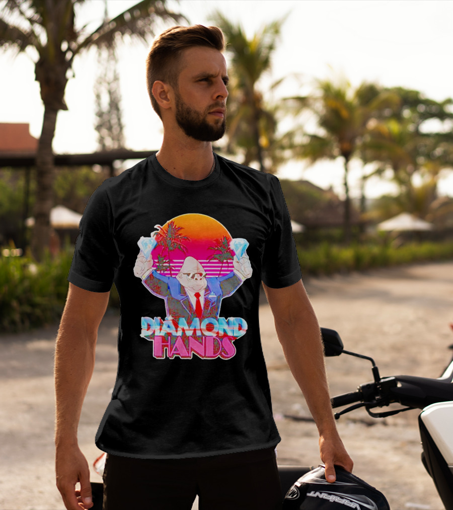 Diamond Hands Gorilla In Suit With Dollars And Vintage Sunset Background T-Shirt