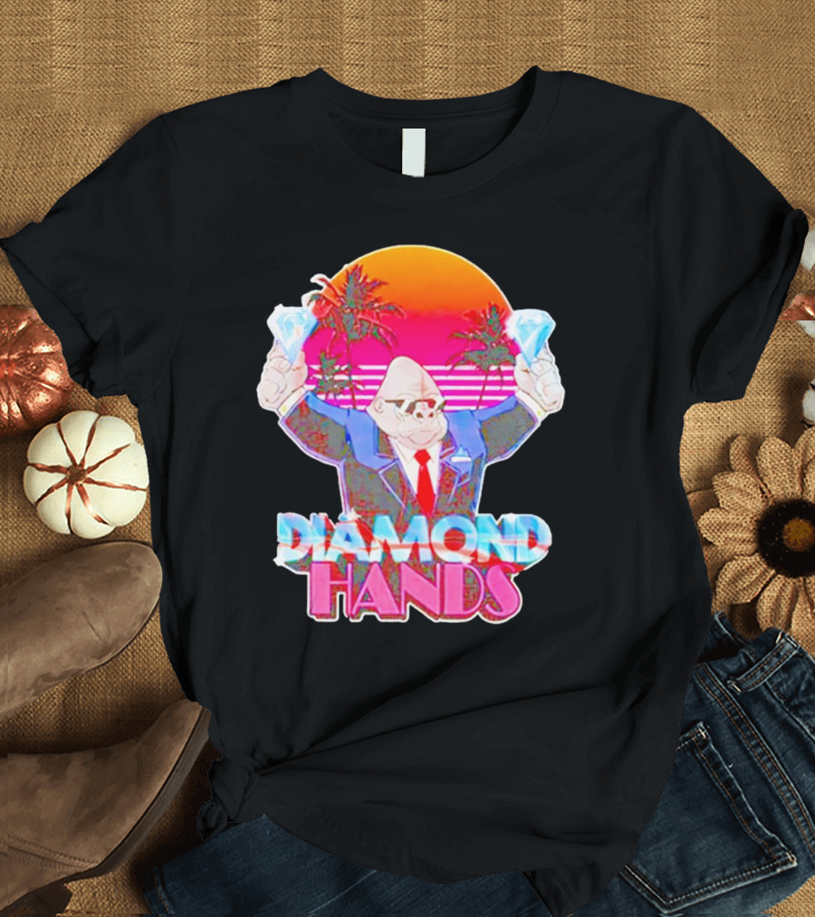 Diamond Hands Gorilla In Suit With Dollars And Vintage Sunset Background T-Shirt
