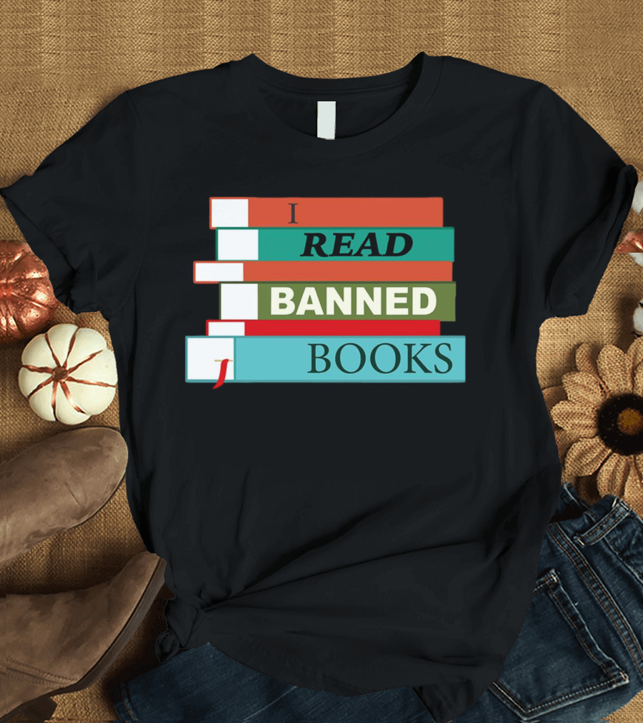 I Read Banned Books Stacked Colorful Titles T-Shirt