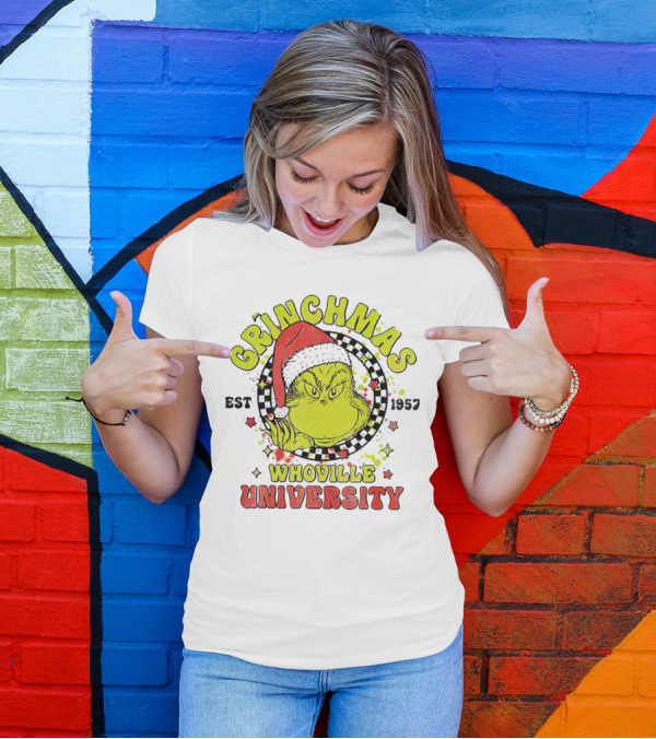 Grinchmas Whoville University Est 1957 Christmas Grinch Santa Hat T-Shirt