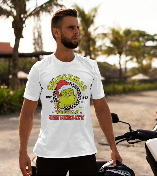 Grinchmas Whoville University Est 1957 Christmas Grinch Santa Hat T-Shirt