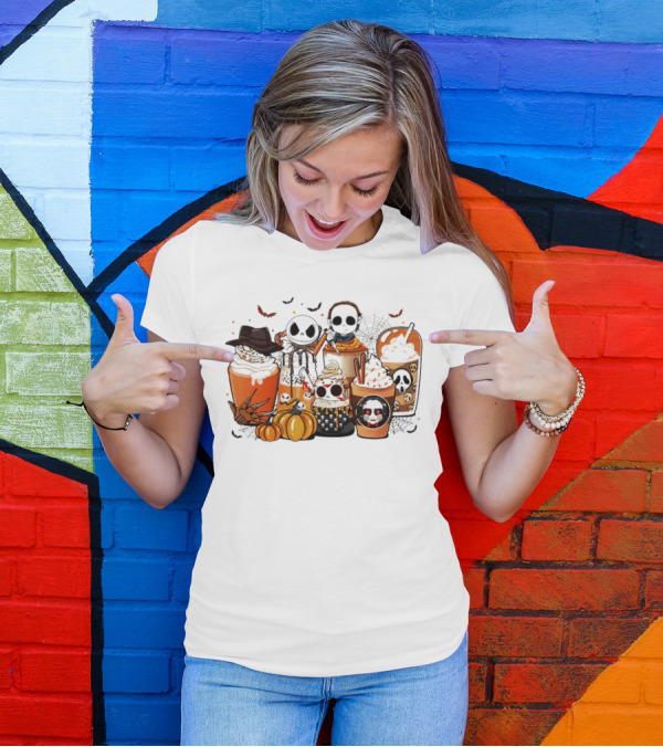 Halloween Cup Horror Funny Character Fall Pumpkin Latte Icons T-Shirt