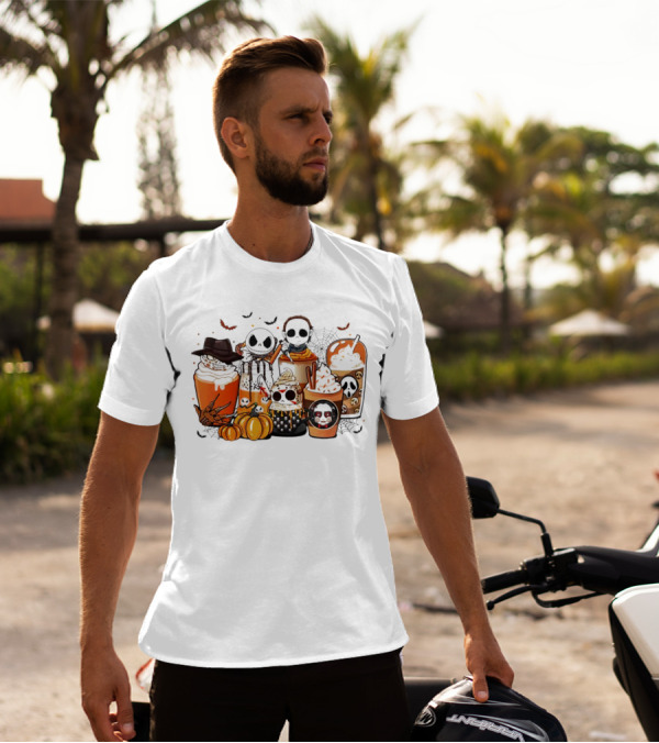Halloween Cup Horror Funny Character Fall Pumpkin Latte Icons T-Shirt